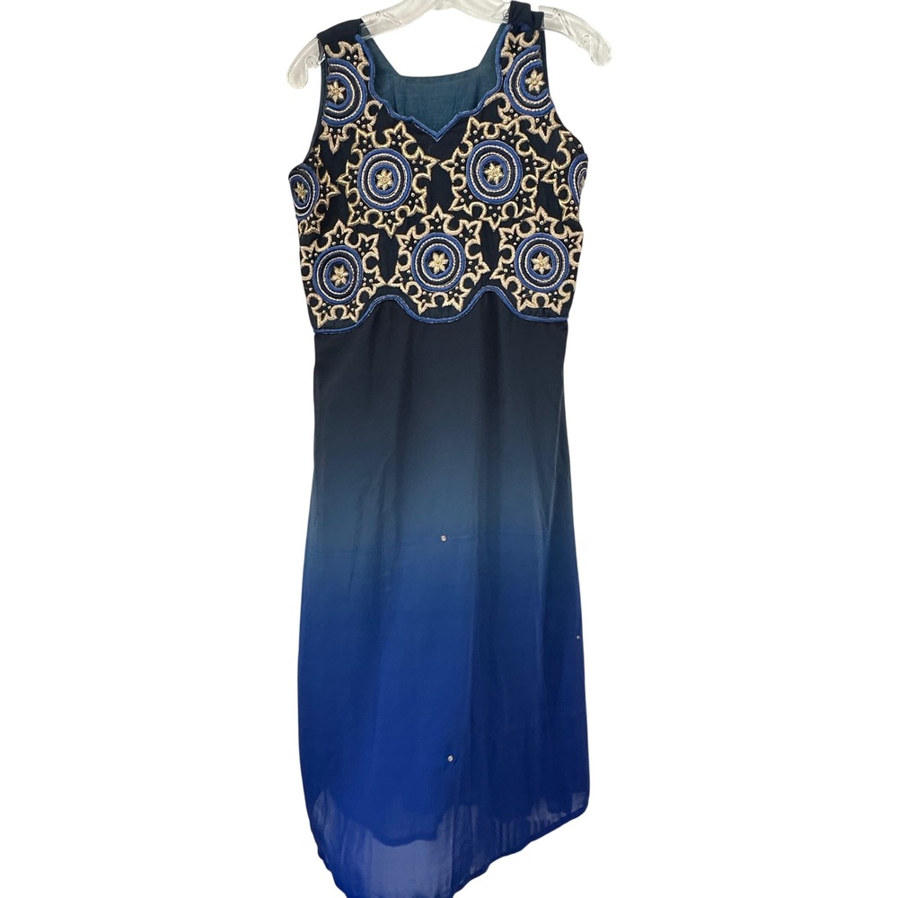 Ombre Maxi Dress Blue Black Gold Beaded Embroidered Indo Western Gown Boho Party